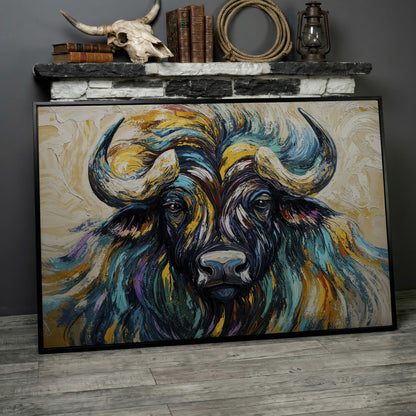 Bison Close-Up Canvas Wall Art, Large Wildlife Portrait Print in black floating frame