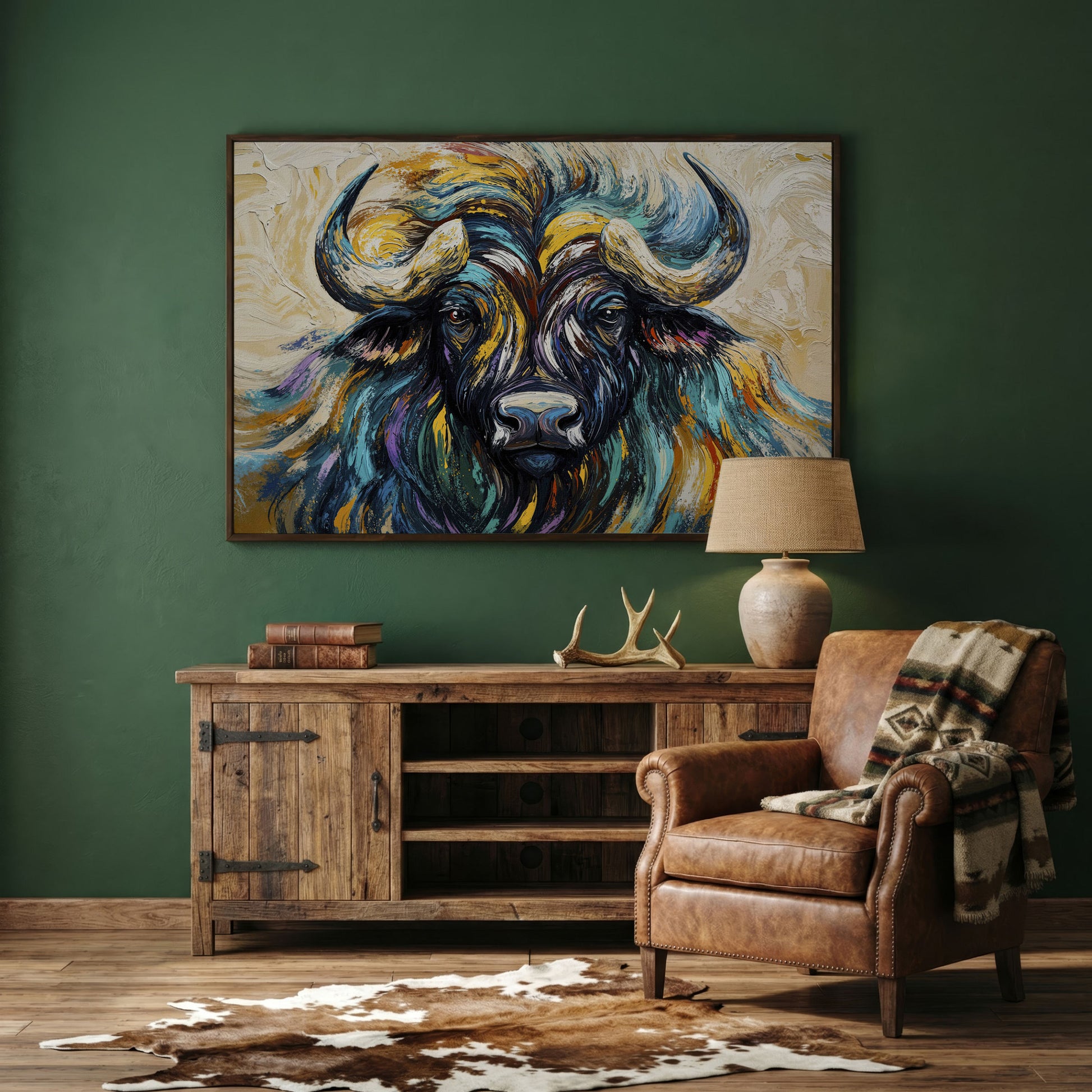 Bison Close-Up Canvas Wall Art, Large Wildlife Portrait Print in dark walnut floating frame