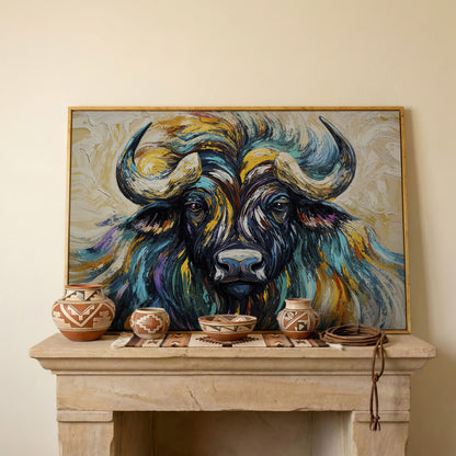 Bison Close-Up Canvas Wall Art, Large Wildlife Portrait Print in white oak floating frame