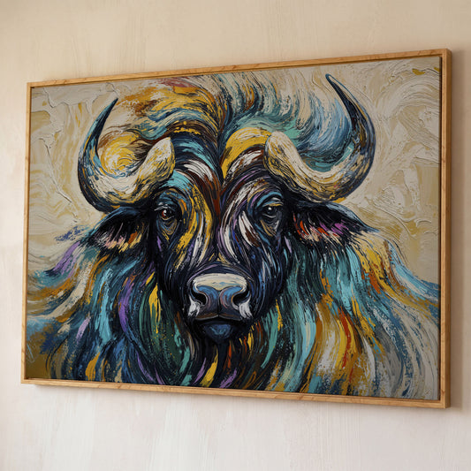 Bison Close-Up Canvas Wall Art, Large Wildlife Portrait Print shown in white oak floating frame