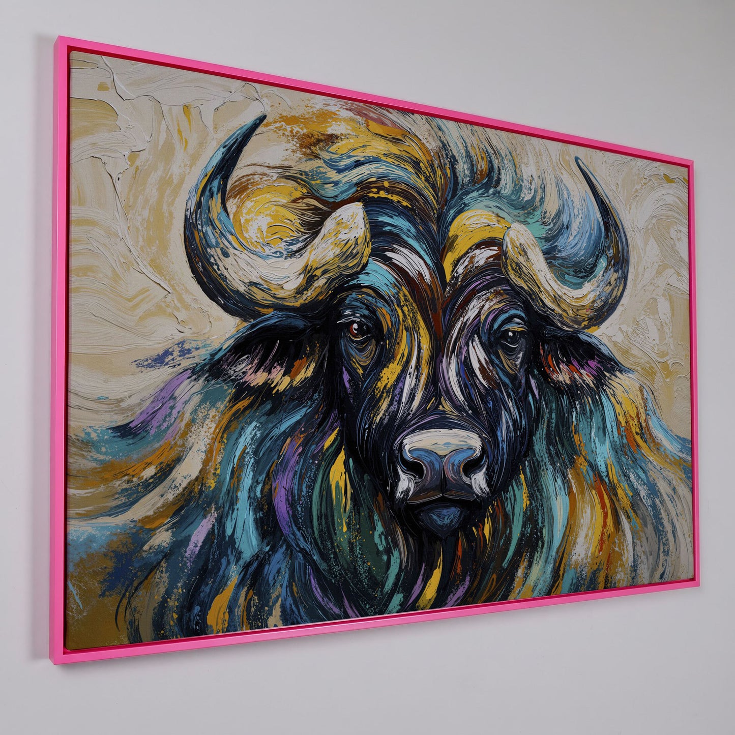 Bison Close-Up Canvas Wall Art, Large Wildlife Portrait Print in pink floating frame
