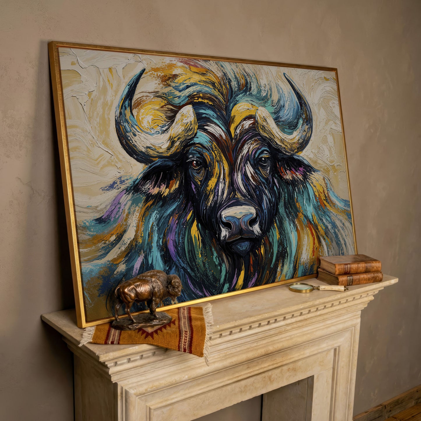 Bison Close-Up Canvas Wall Art, Large Wildlife Portrait Print in rose gold floating frame