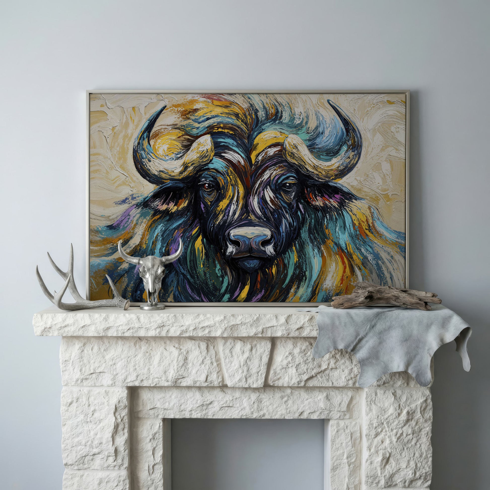 Bison Close-Up Canvas Wall Art, Large Wildlife Portrait Print in silver floating frame