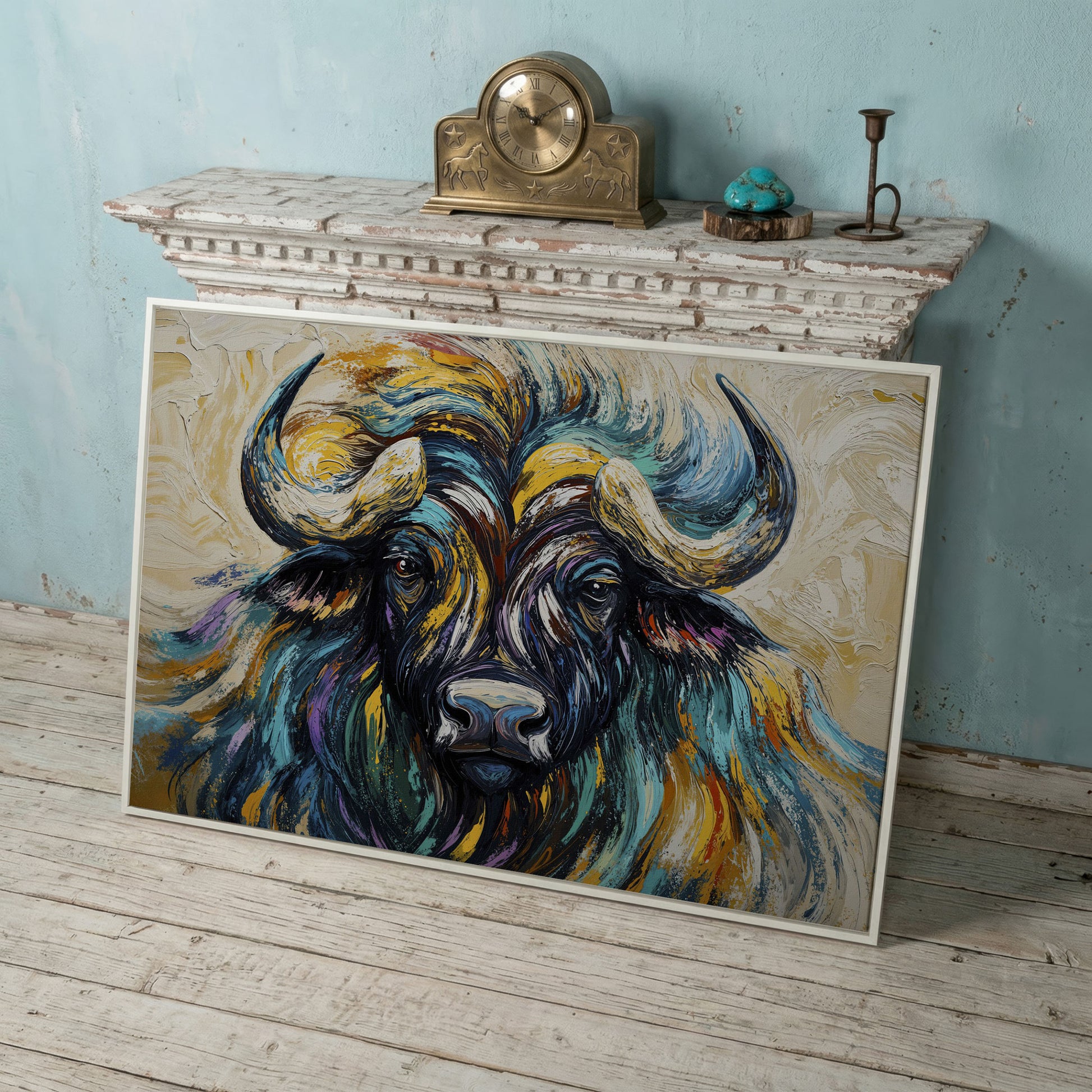Bison Close-Up Canvas Wall Art, Large Wildlife Portrait Print in white floating frame