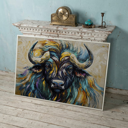Bison Close-Up Canvas Wall Art, Large Wildlife Portrait Print in white floating frame