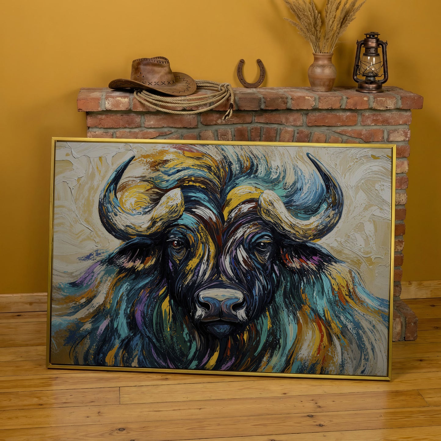 Bison Close-Up Canvas Wall Art, Large Wildlife Portrait Print in yellow gold floating frame
