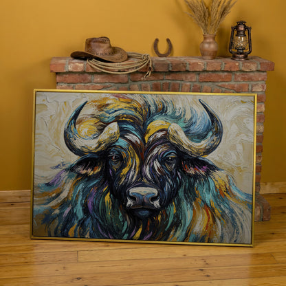 Bison Close-Up Canvas Wall Art, Large Wildlife Portrait Print in yellow gold floating frame