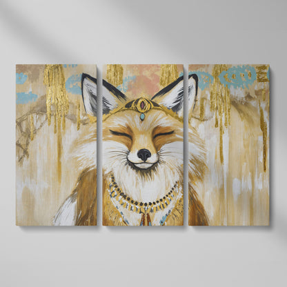 Crowned Fox Portrait Canvas Wall Art with Jeweled Headpiece as 3-panel split version