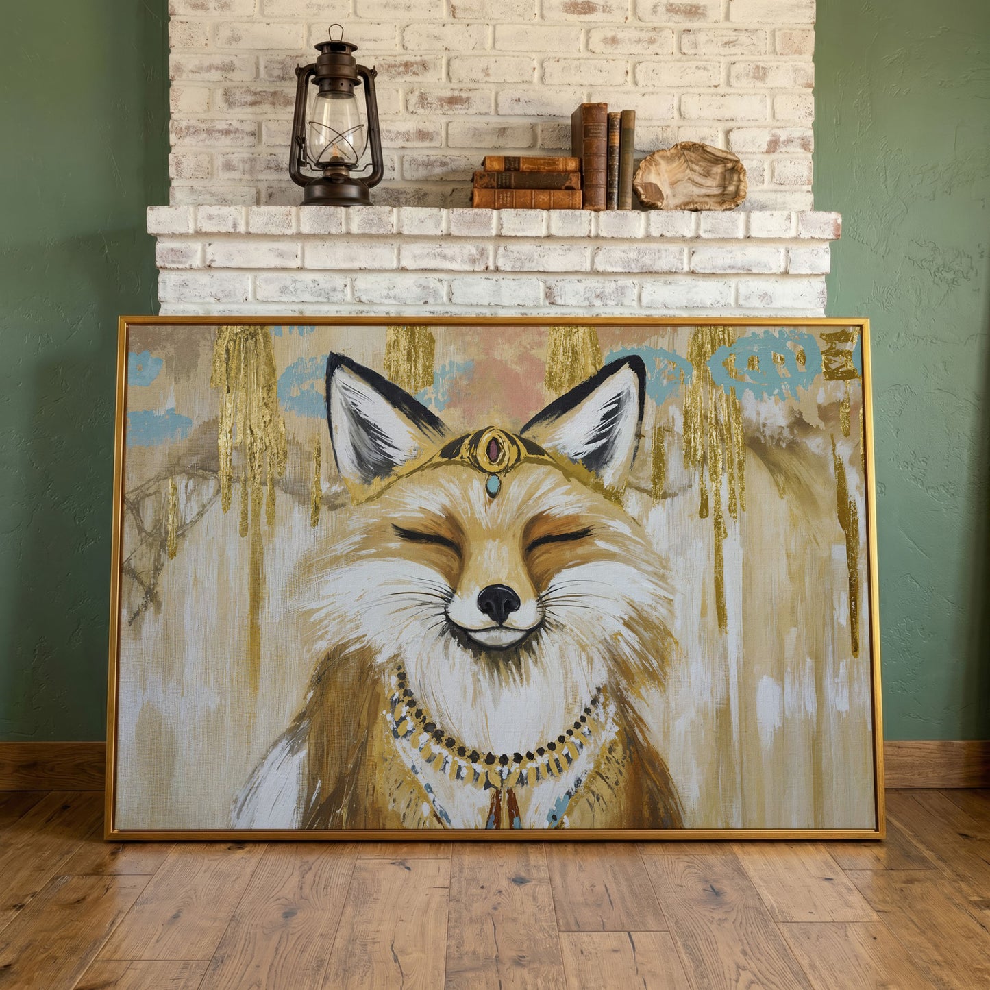 Crowned Fox Portrait Canvas Wall Art with Jeweled Headpiece in antique gold floating frame