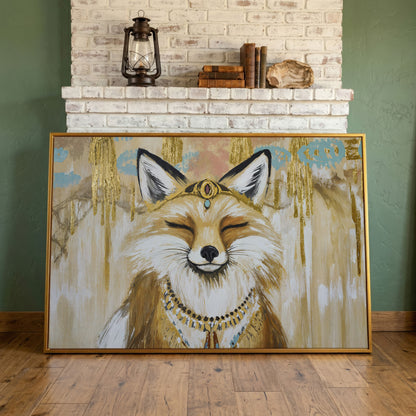 Crowned Fox Portrait Canvas Wall Art with Jeweled Headpiece in antique gold floating frame