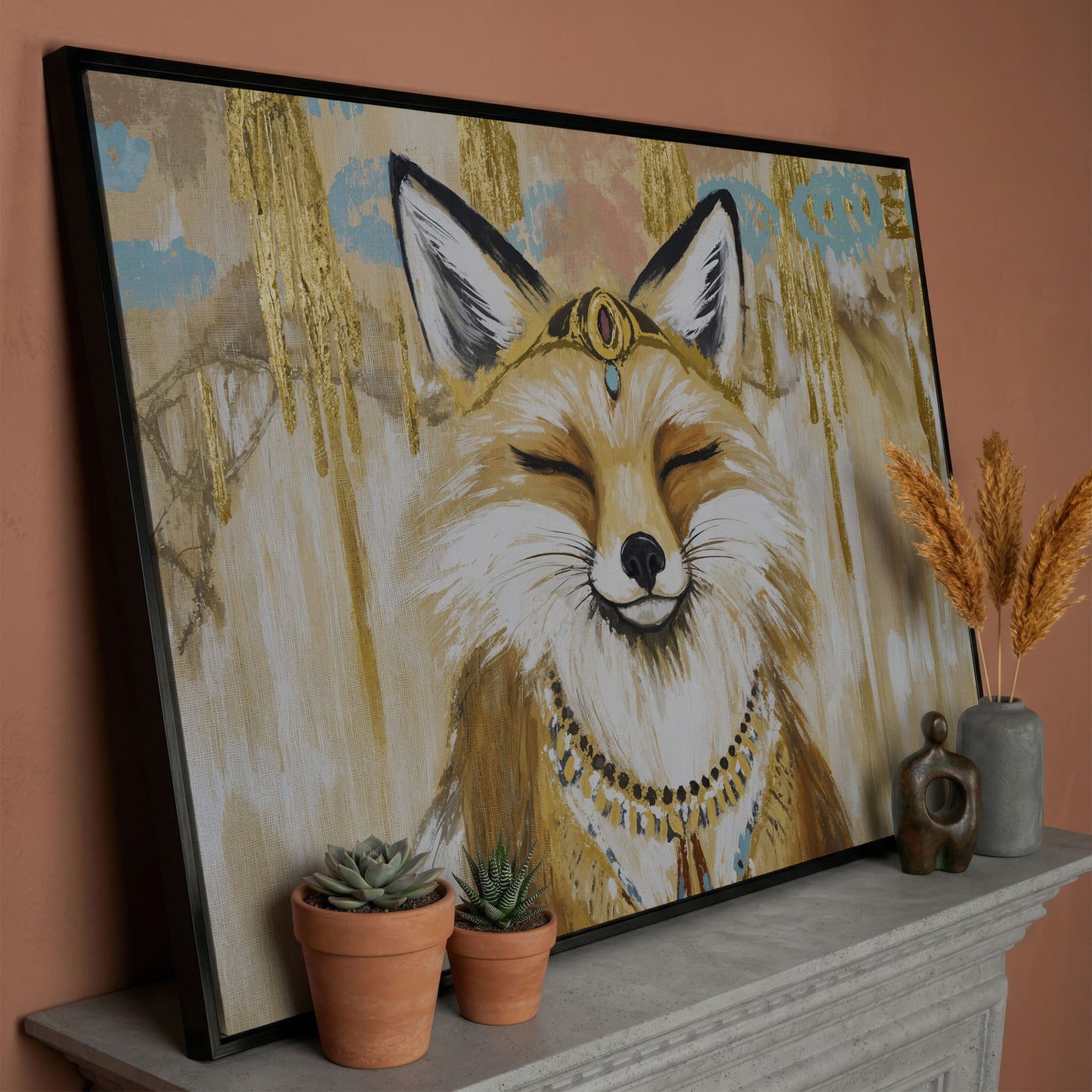 Crowned Fox Portrait Canvas Wall Art with Jeweled Headpiece in black floating frame