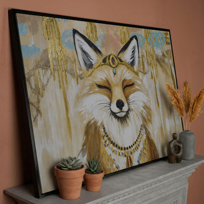 Crowned Fox Portrait Canvas Wall Art with Jeweled Headpiece in black floating frame