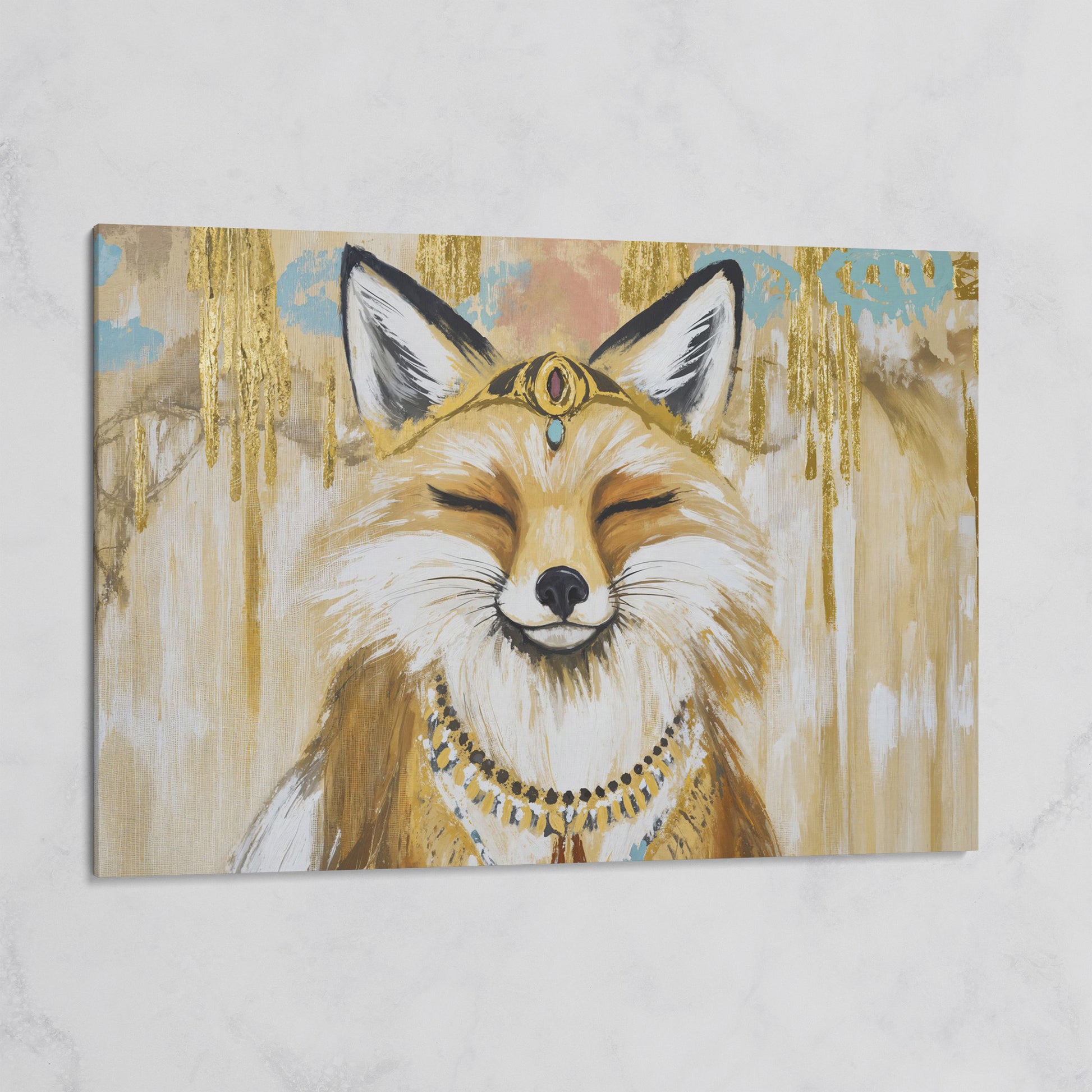 Crowned Fox Portrait Canvas Wall Art with Jeweled Headpiece on gallery wrap