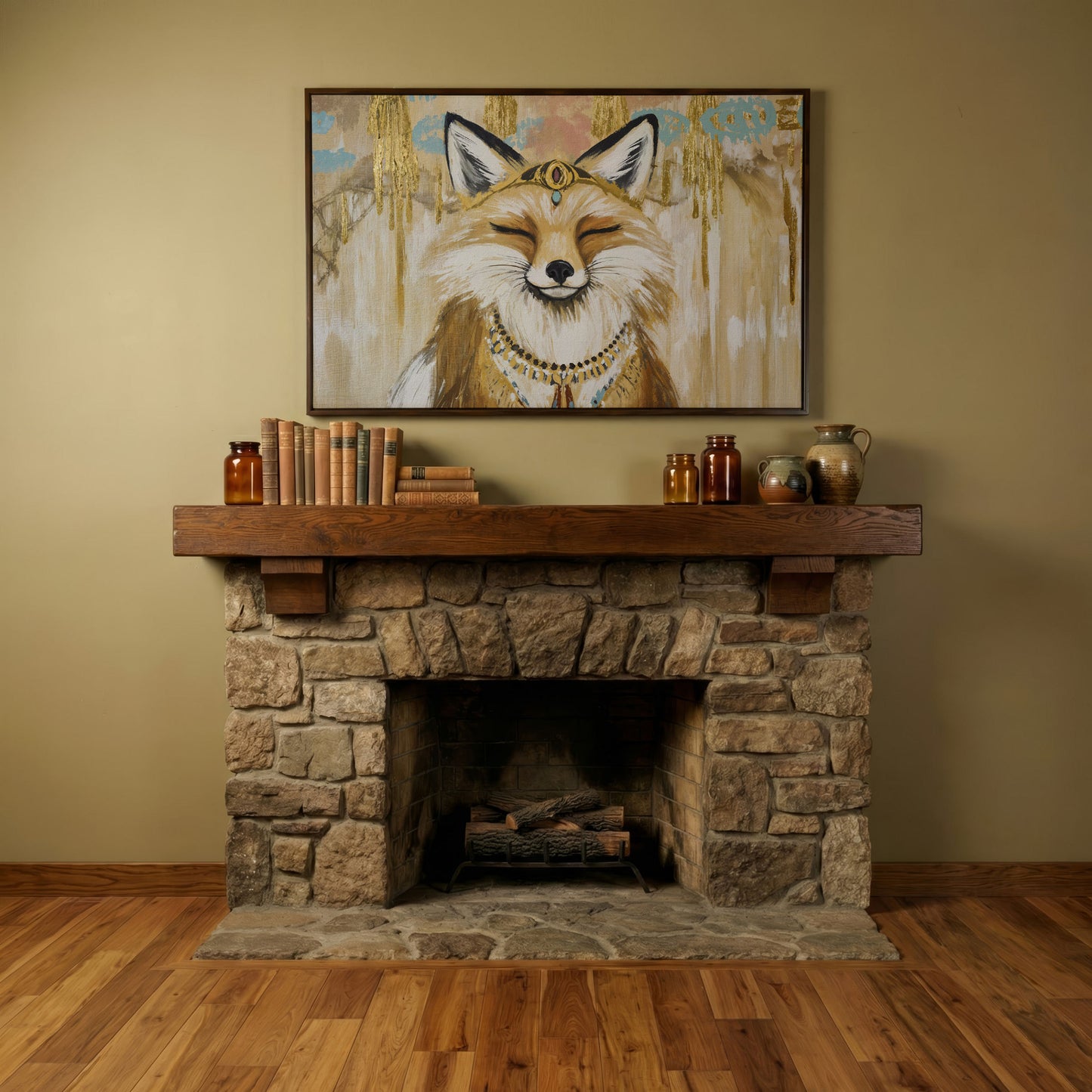 Crowned Fox Portrait Canvas Wall Art with Jeweled Headpiece in dark walnut floating frame