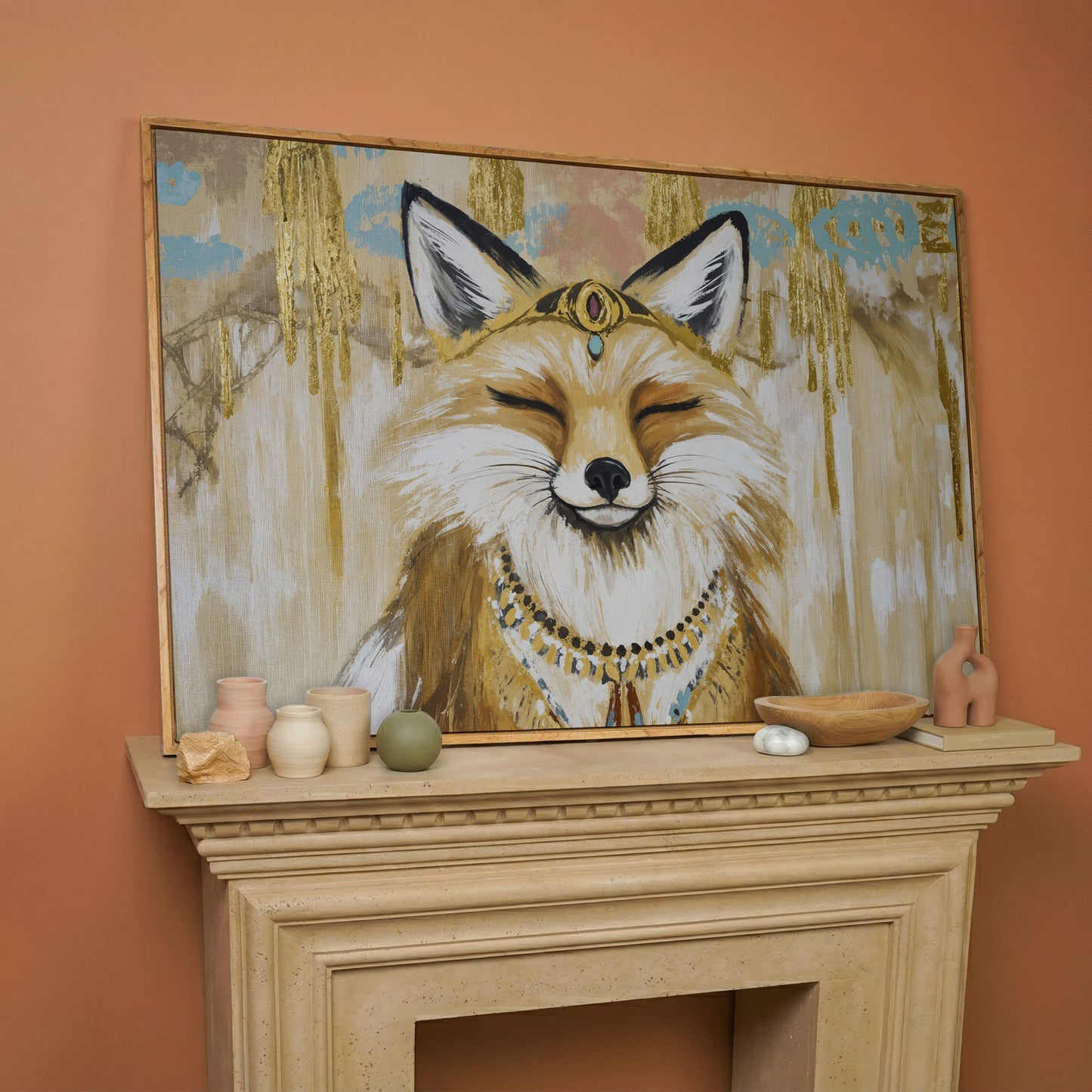 Crowned Fox Portrait Canvas Wall Art with Jeweled Headpiece in white oak floating frame