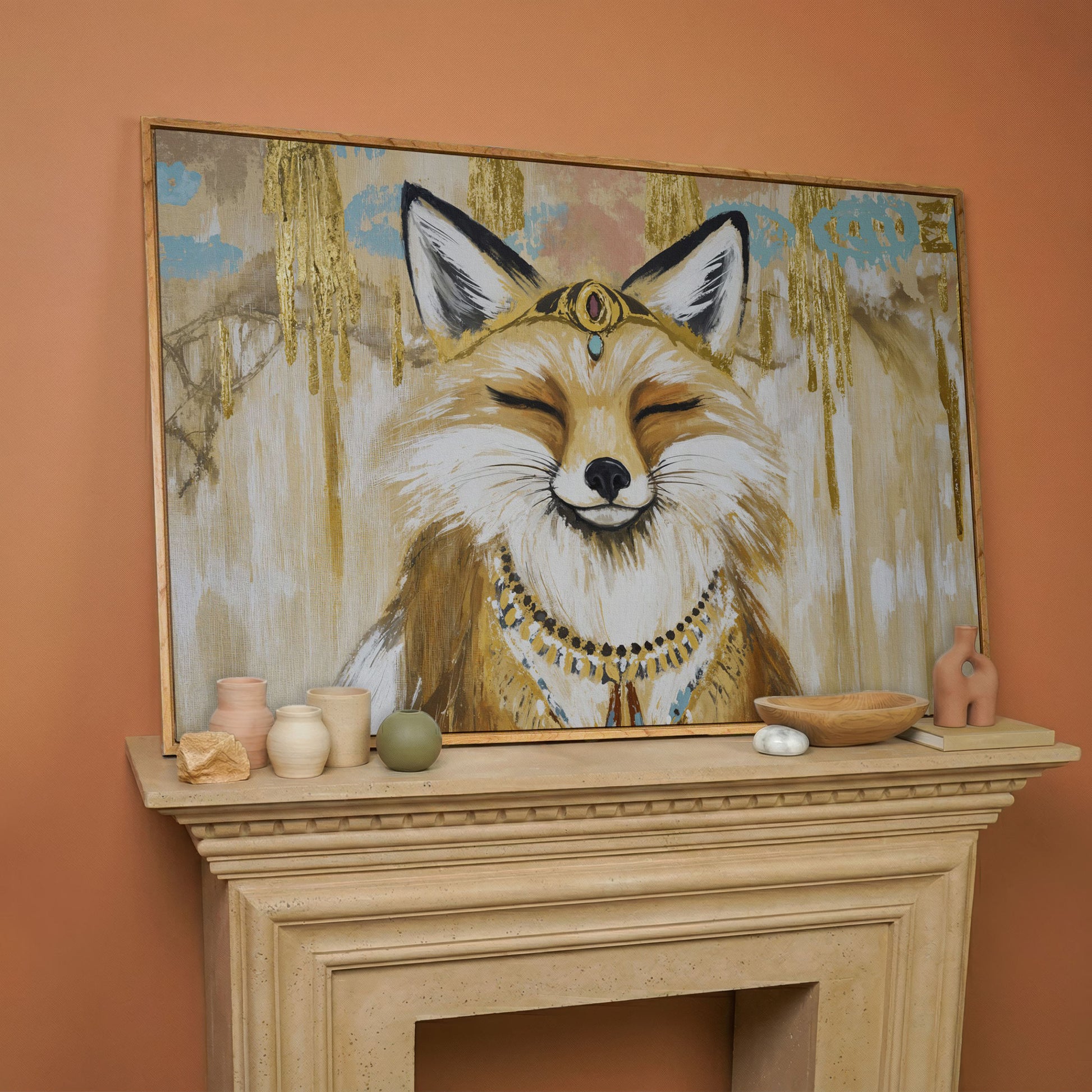 Crowned Fox Portrait Canvas Wall Art with Jeweled Headpiece in white oak floating frame