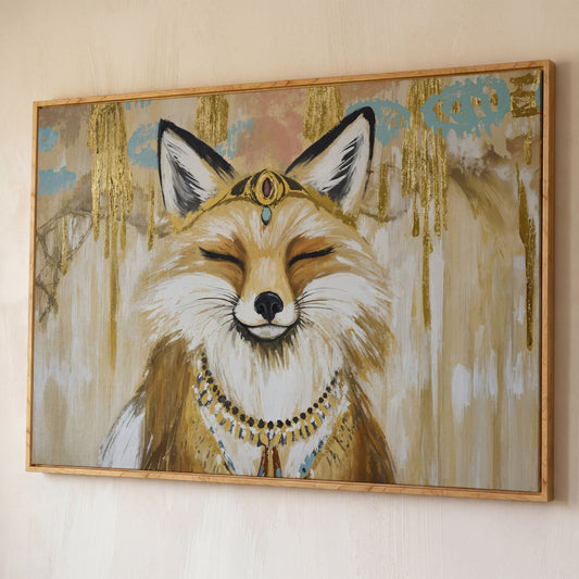 Crowned Fox Portrait Canvas Wall Art with Jeweled Headpiece shown in white oak floating frame