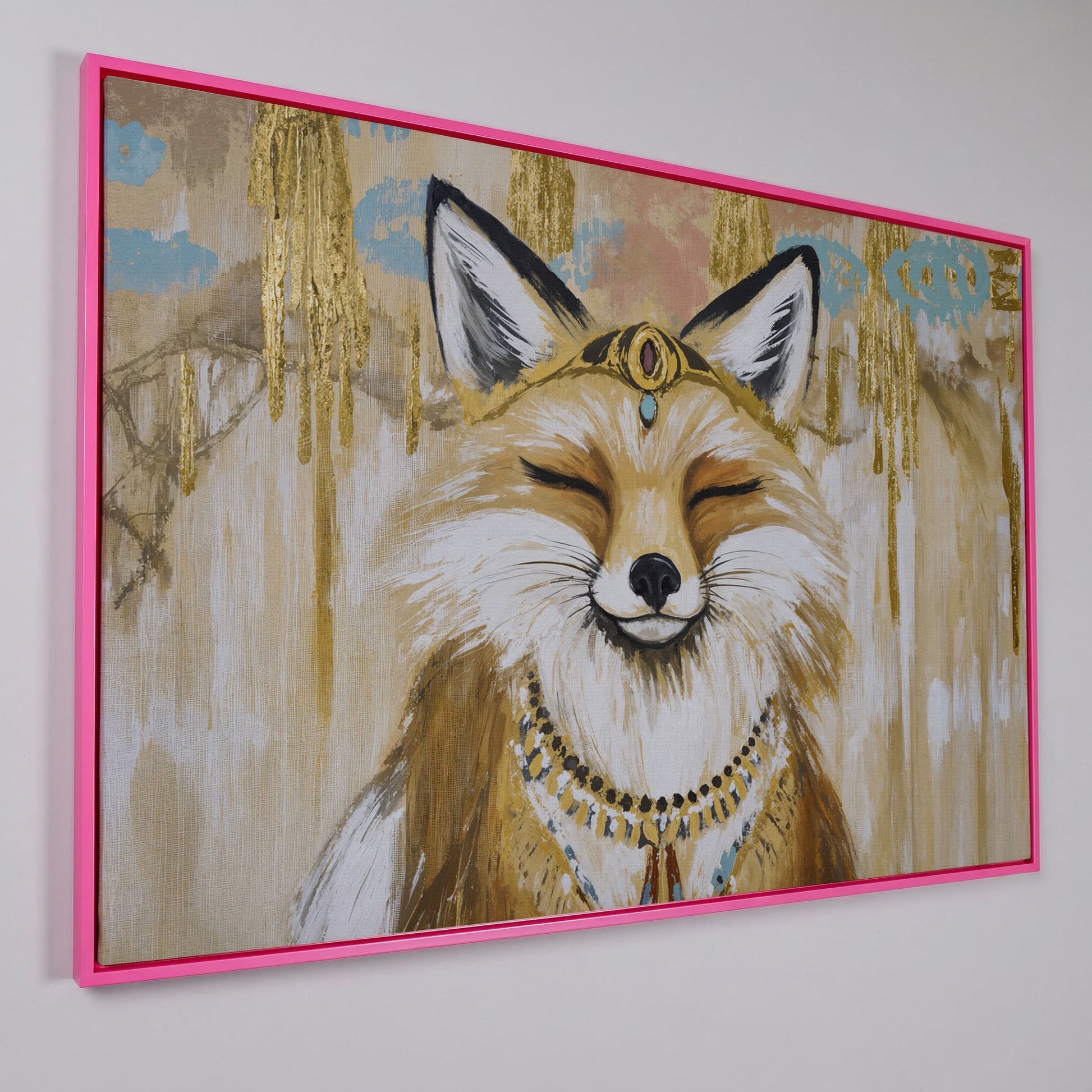 Crowned Fox Portrait Canvas Wall Art with Jeweled Headpiece in pink floating frame