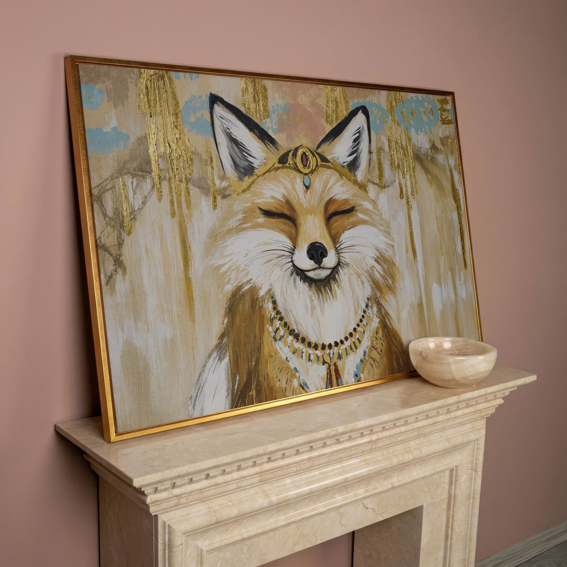Crowned Fox Portrait Canvas Wall Art with Jeweled Headpiece in rose gold floating frame