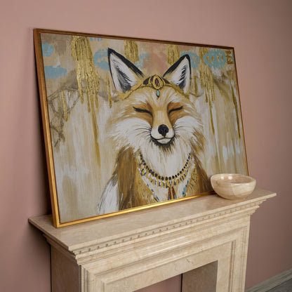 Crowned Fox Portrait Canvas Wall Art with Jeweled Headpiece in rose gold floating frame
