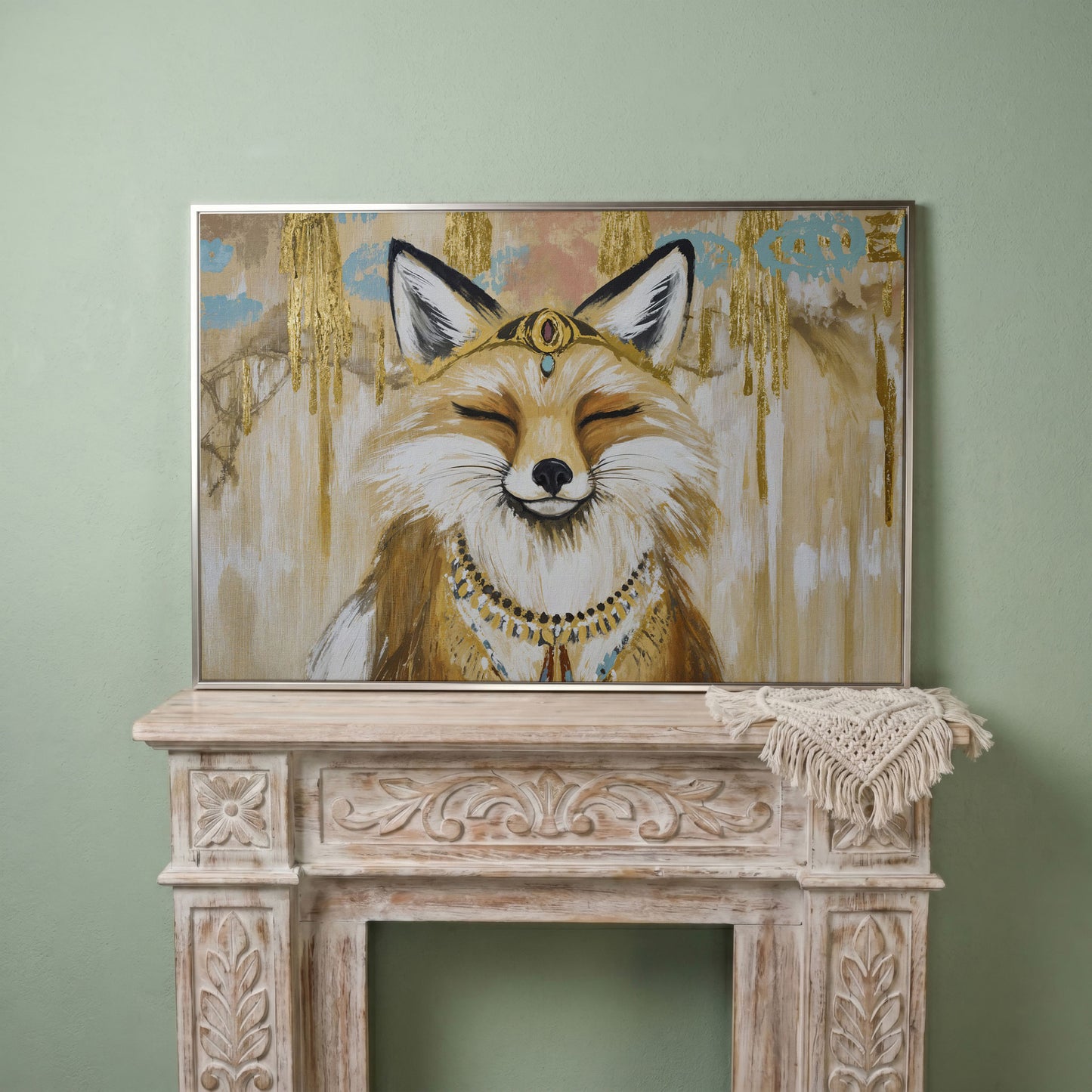 Crowned Fox Portrait Canvas Wall Art with Jeweled Headpiece in silver floating frame