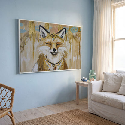 Crowned Fox Portrait Canvas Wall Art with Jeweled Headpiece in white floating frame