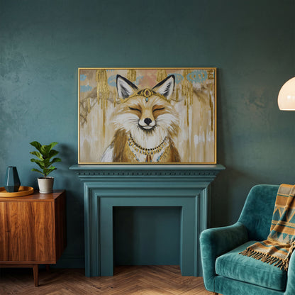 Crowned Fox Portrait Canvas Wall Art with Jeweled Headpiece in yellow gold floating frame