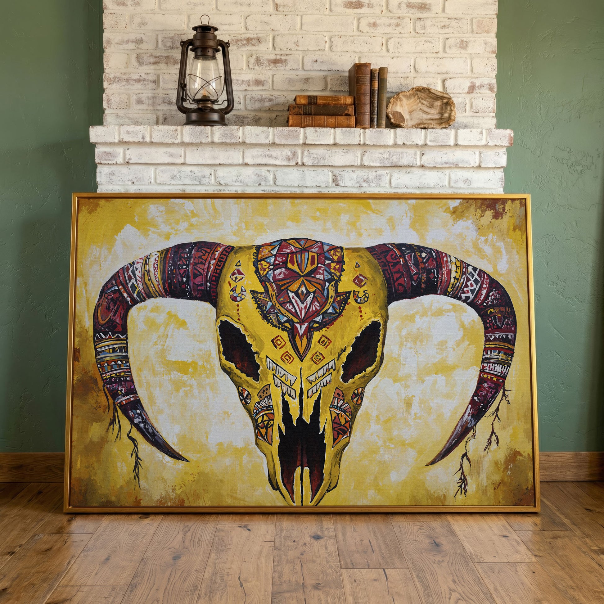 Geometric Bull Skull Canvas Wall Art with Tribal Patterns in antique gold floating frame