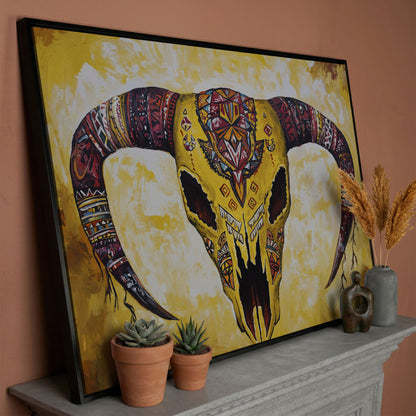 Geometric Bull Skull Canvas Wall Art with Tribal Patterns in black floating frame