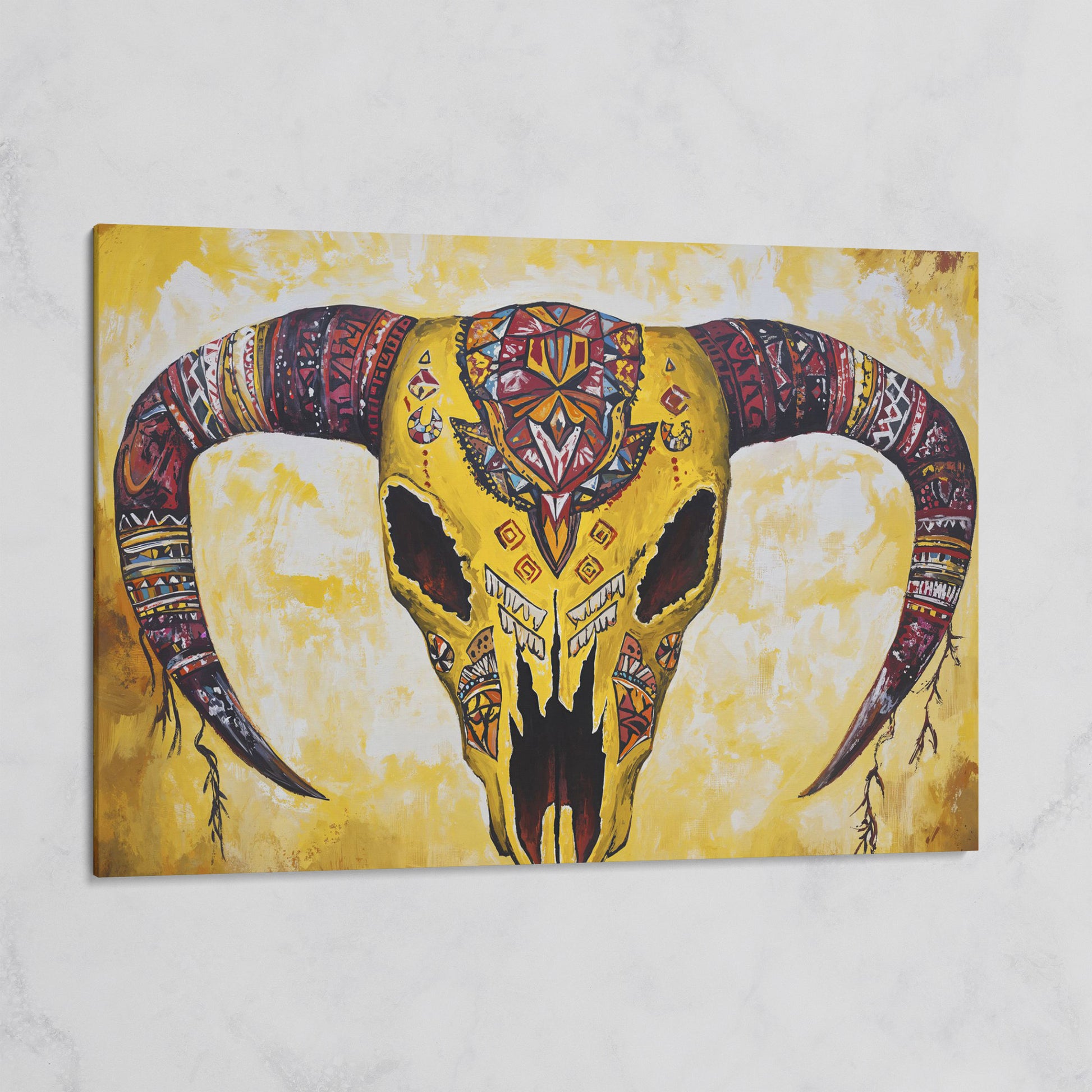 Geometric Bull Skull Canvas Wall Art with Tribal Patterns on gallery wrap