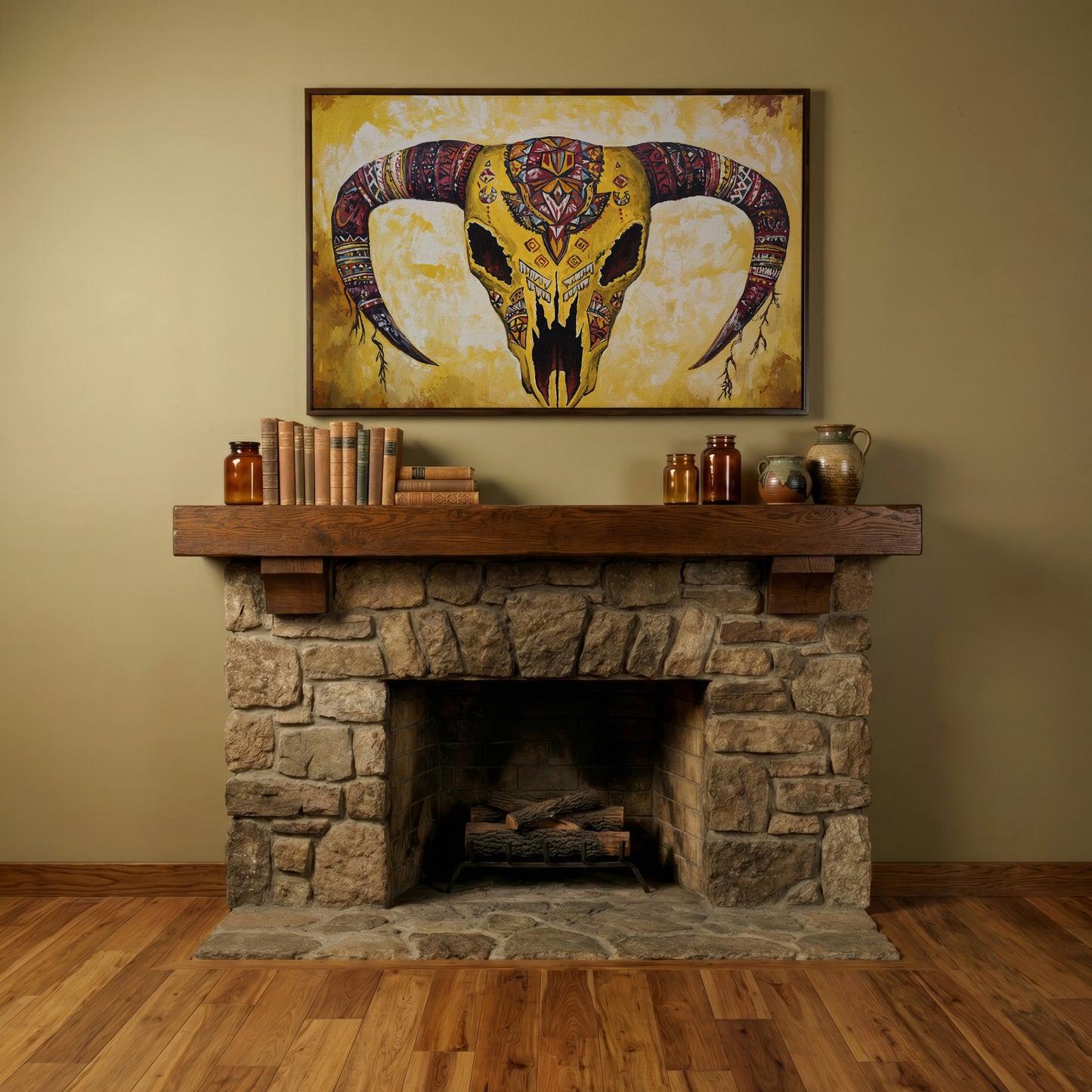 Geometric Bull Skull Canvas Wall Art with Tribal Patterns in dark walnut floating frame