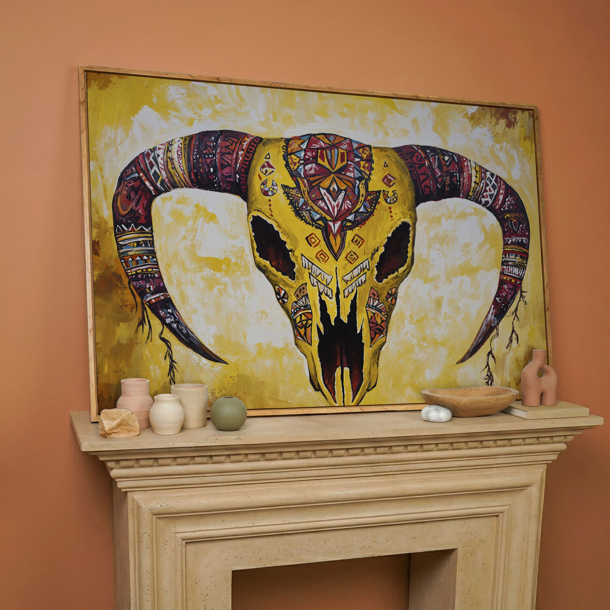 Geometric Bull Skull Canvas Wall Art with Tribal Patterns in white oak floating frame