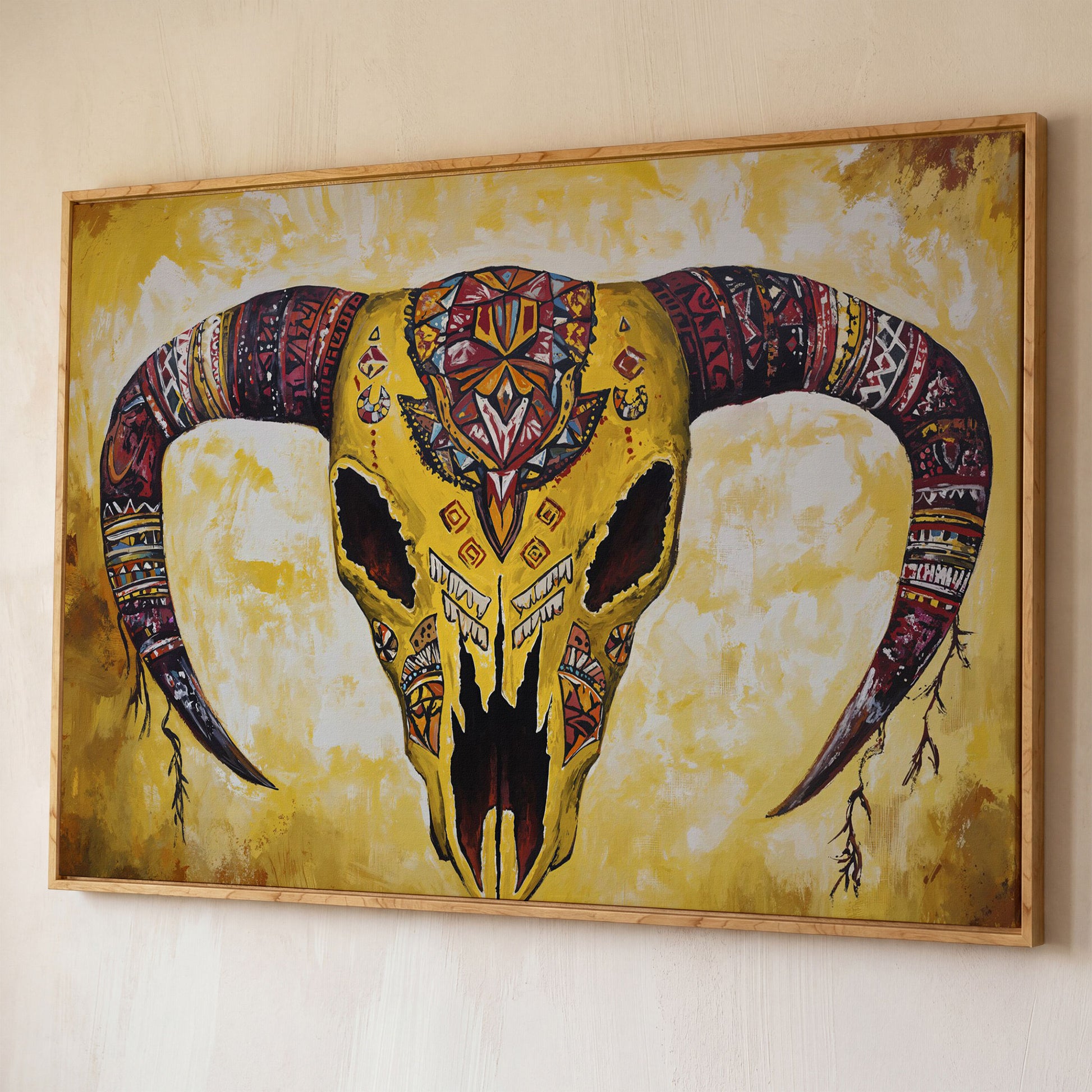 Geometric Bull Skull Canvas Wall Art with Tribal Patterns shown in white oak floating frame
