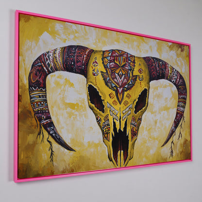 Geometric Bull Skull Canvas Wall Art with Tribal Patterns in pink floating frame