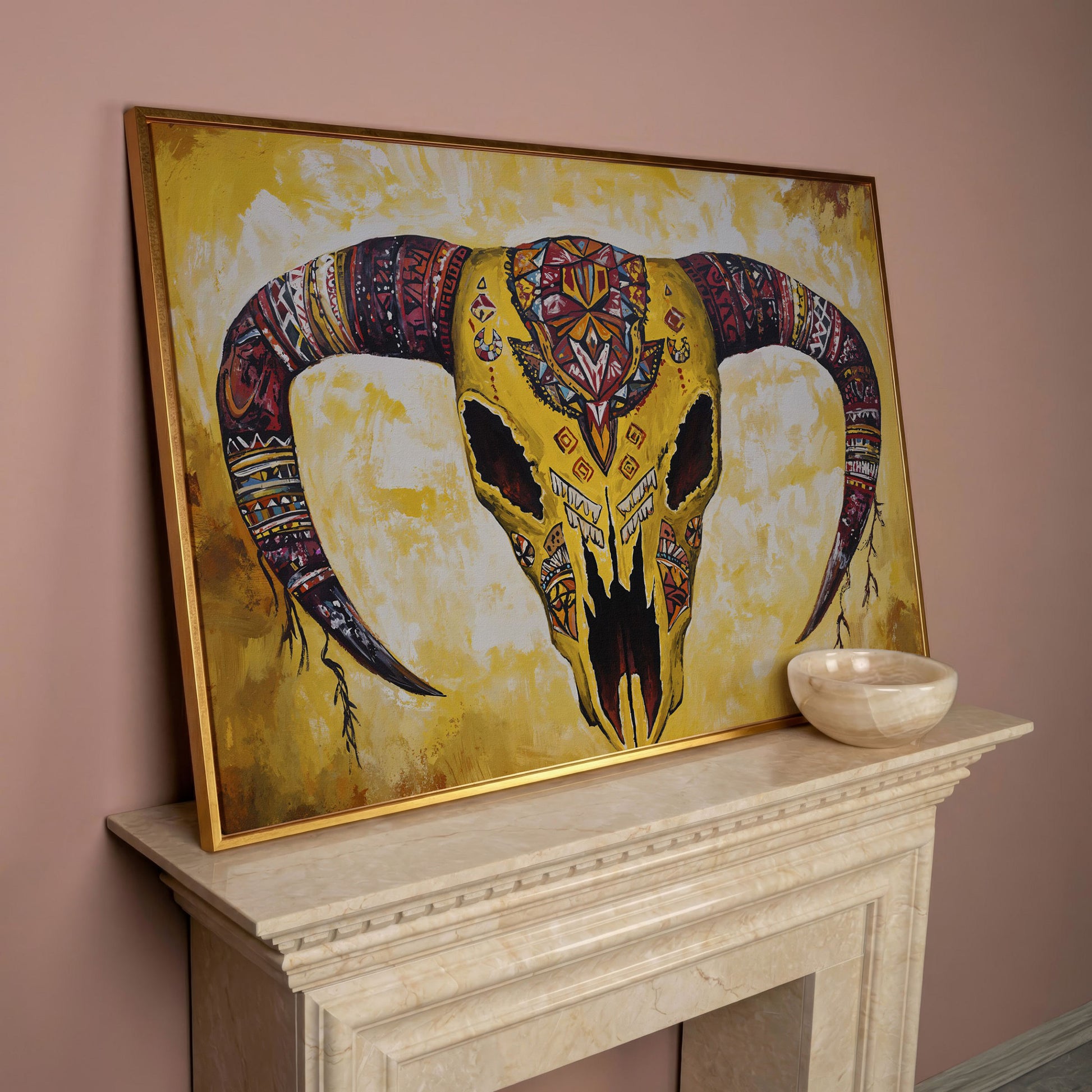 Geometric Bull Skull Canvas Wall Art with Tribal Patterns in rose gold floating frame