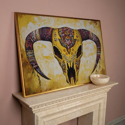 Geometric Bull Skull Canvas Wall Art with Tribal Patterns in rose gold floating frame