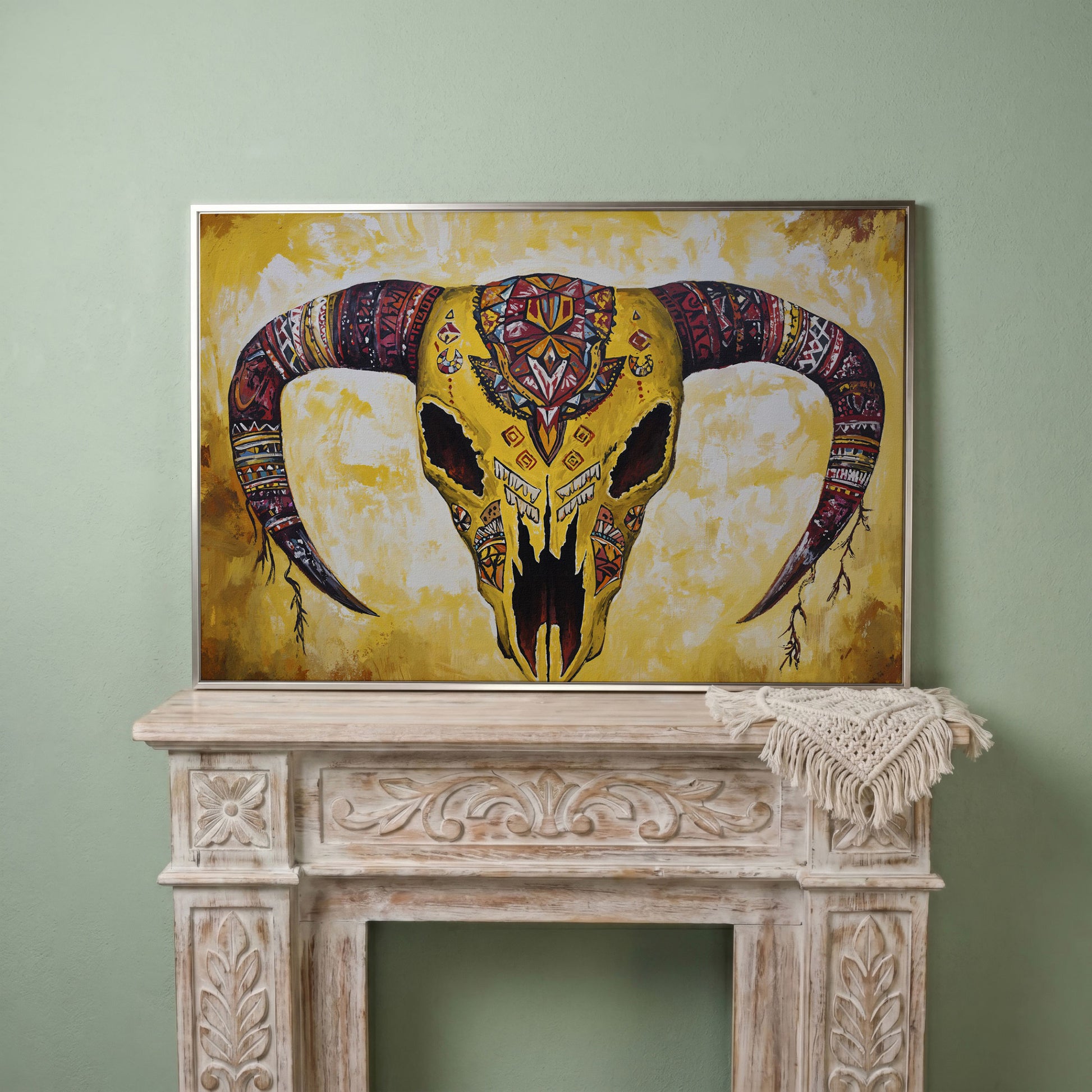 Geometric Bull Skull Canvas Wall Art with Tribal Patterns in silver floating frame