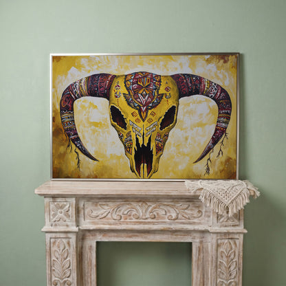 Geometric Bull Skull Canvas Wall Art with Tribal Patterns in silver floating frame
