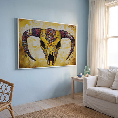Geometric Bull Skull Canvas Wall Art with Tribal Patterns in white floating frame