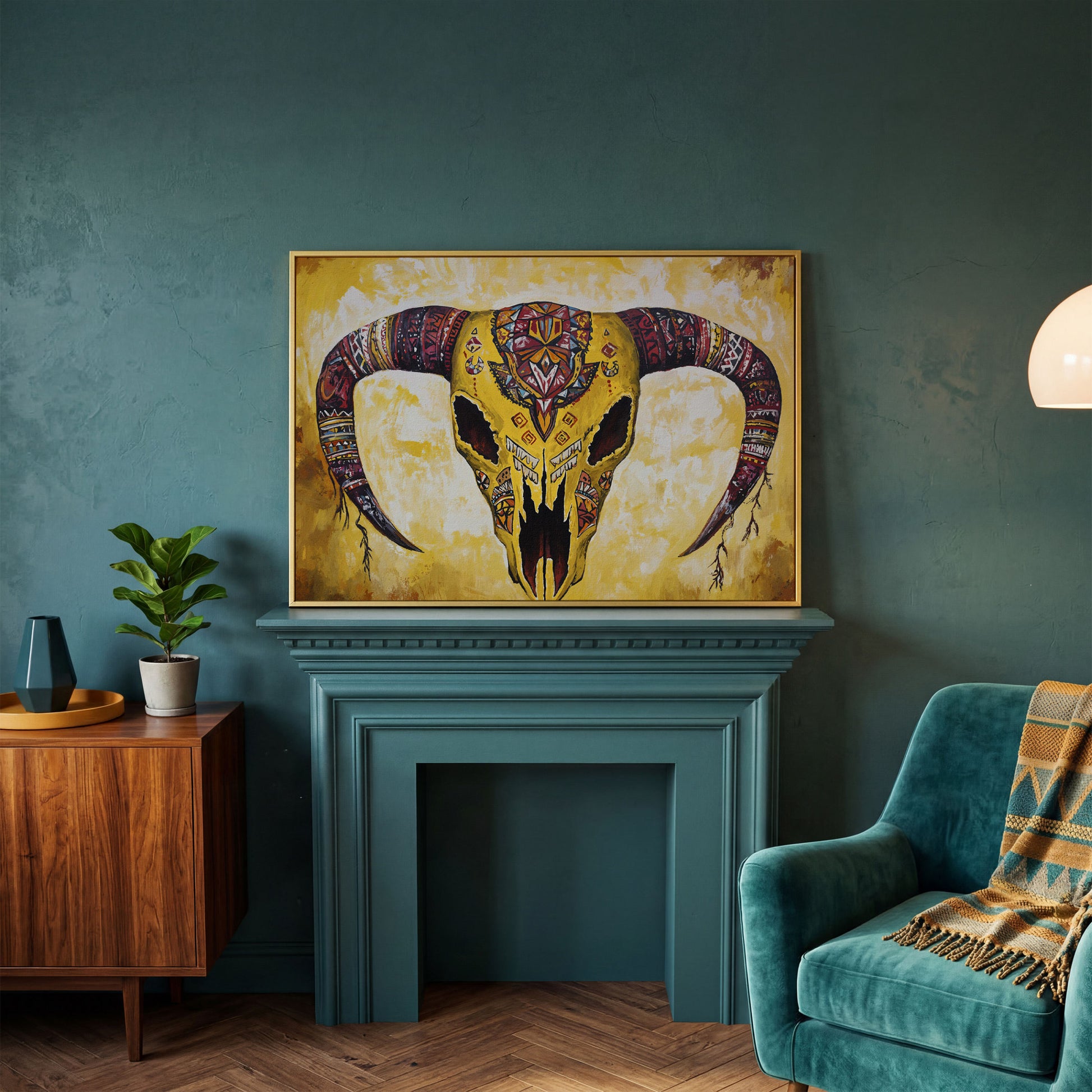 Geometric Bull Skull Canvas Wall Art with Tribal Patterns in yellow gold floating frame
