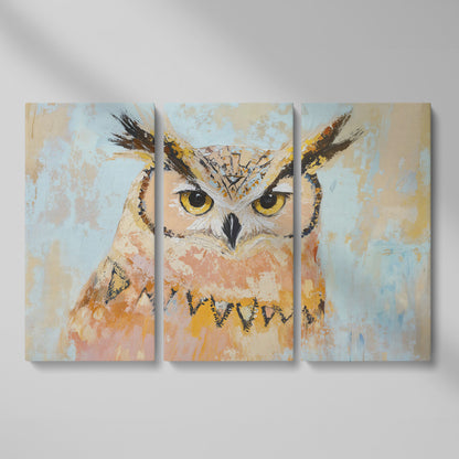 Owl Portrait Canvas Wall Art as 3-panel split version