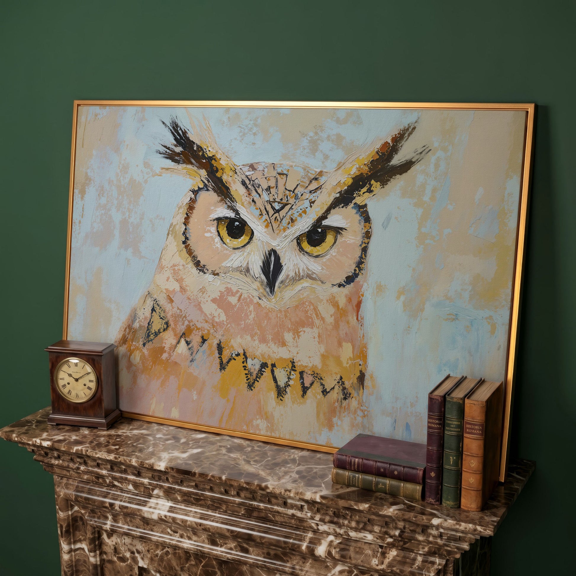 Owl Portrait Canvas Wall Art in antique gold floating frame
