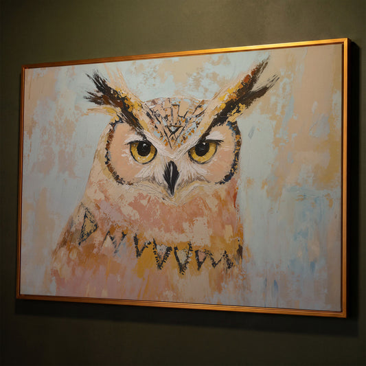 Owl Portrait Canvas Wall Art shown in antique gold floating frame