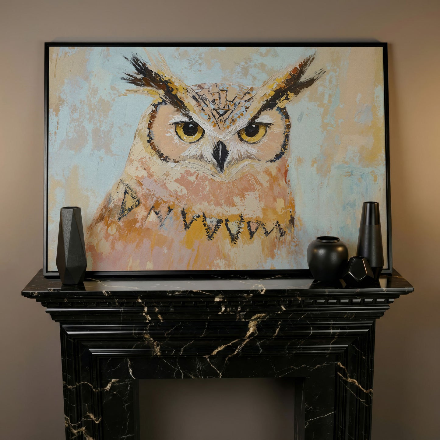 Owl Portrait Canvas Wall Art in black floating frame