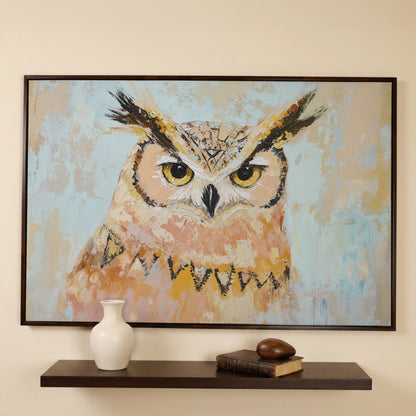 Owl Portrait Canvas Wall Art in dark walnut floating frame