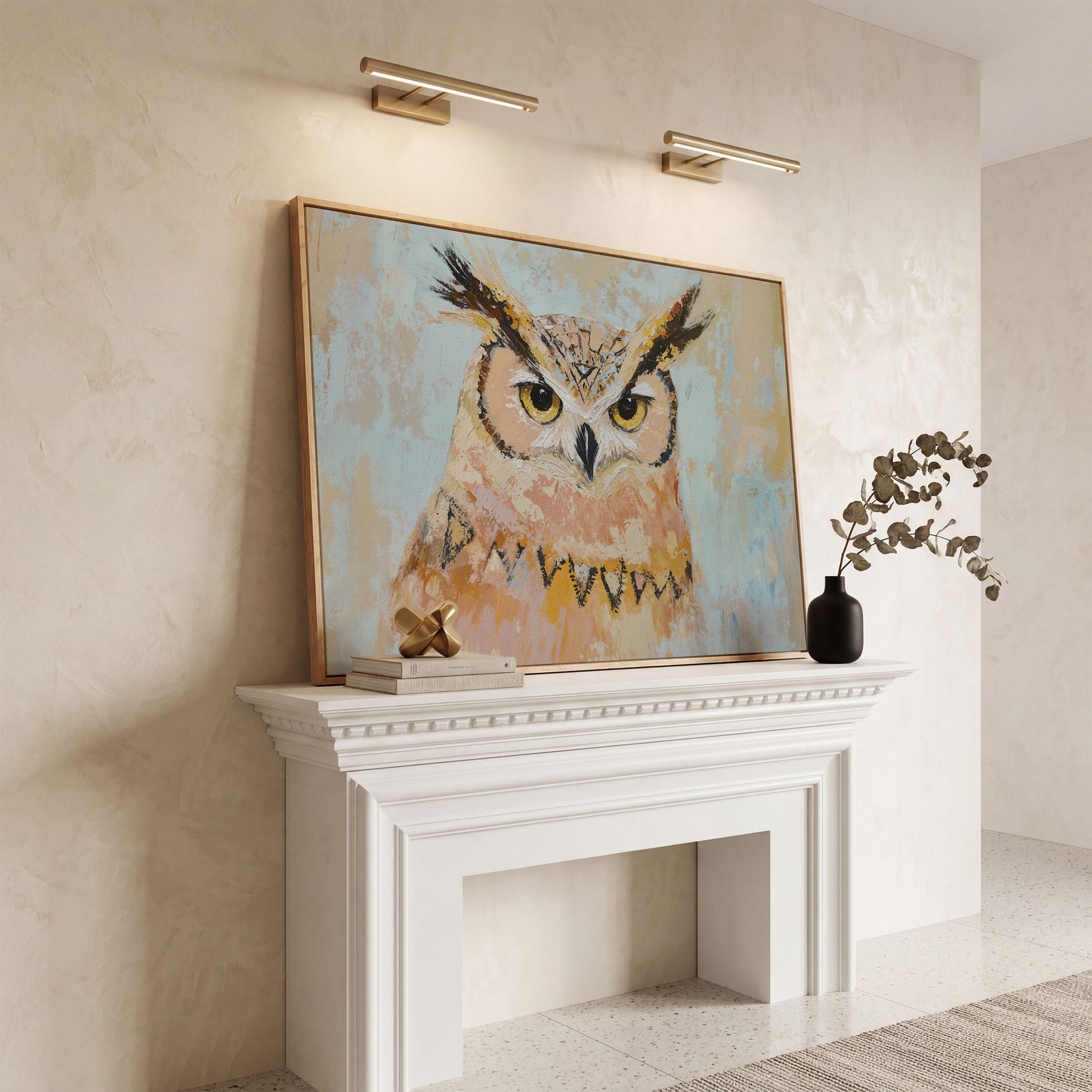 Owl Portrait Canvas Wall Art in white oak floating frame