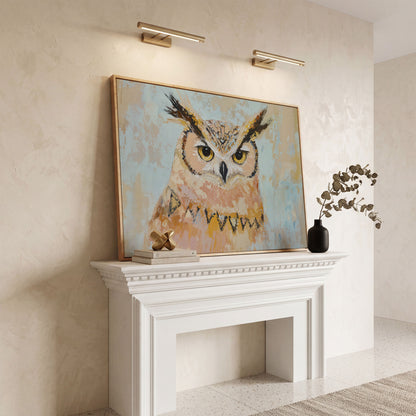 Owl Portrait Canvas Wall Art in white oak floating frame
