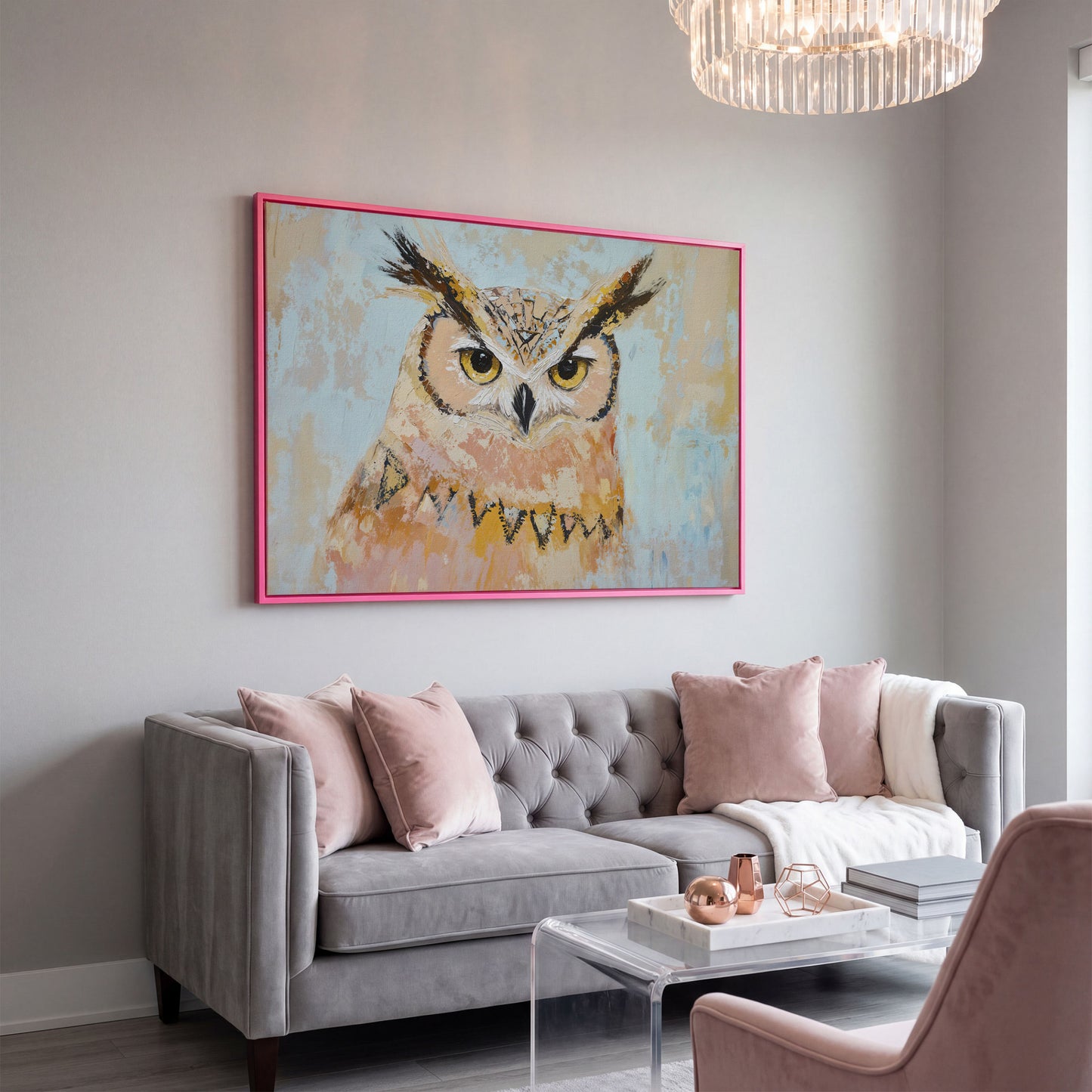 Owl Portrait Canvas Wall Art in pink floating frame