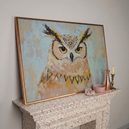 Owl Portrait Canvas Wall Art in rose gold floating frame