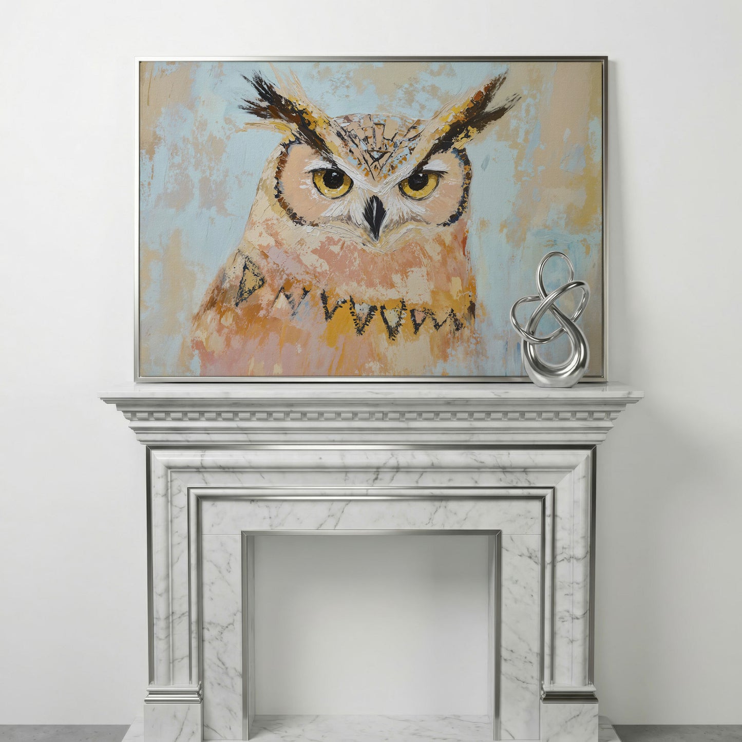 Owl Portrait Canvas Wall Art in silver floating frame
